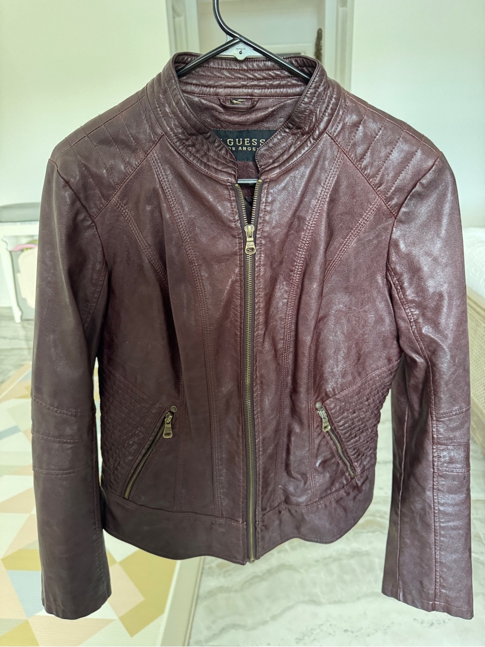 GUESS FAUX Leather Women's Brown Burgundy Moto Jacket